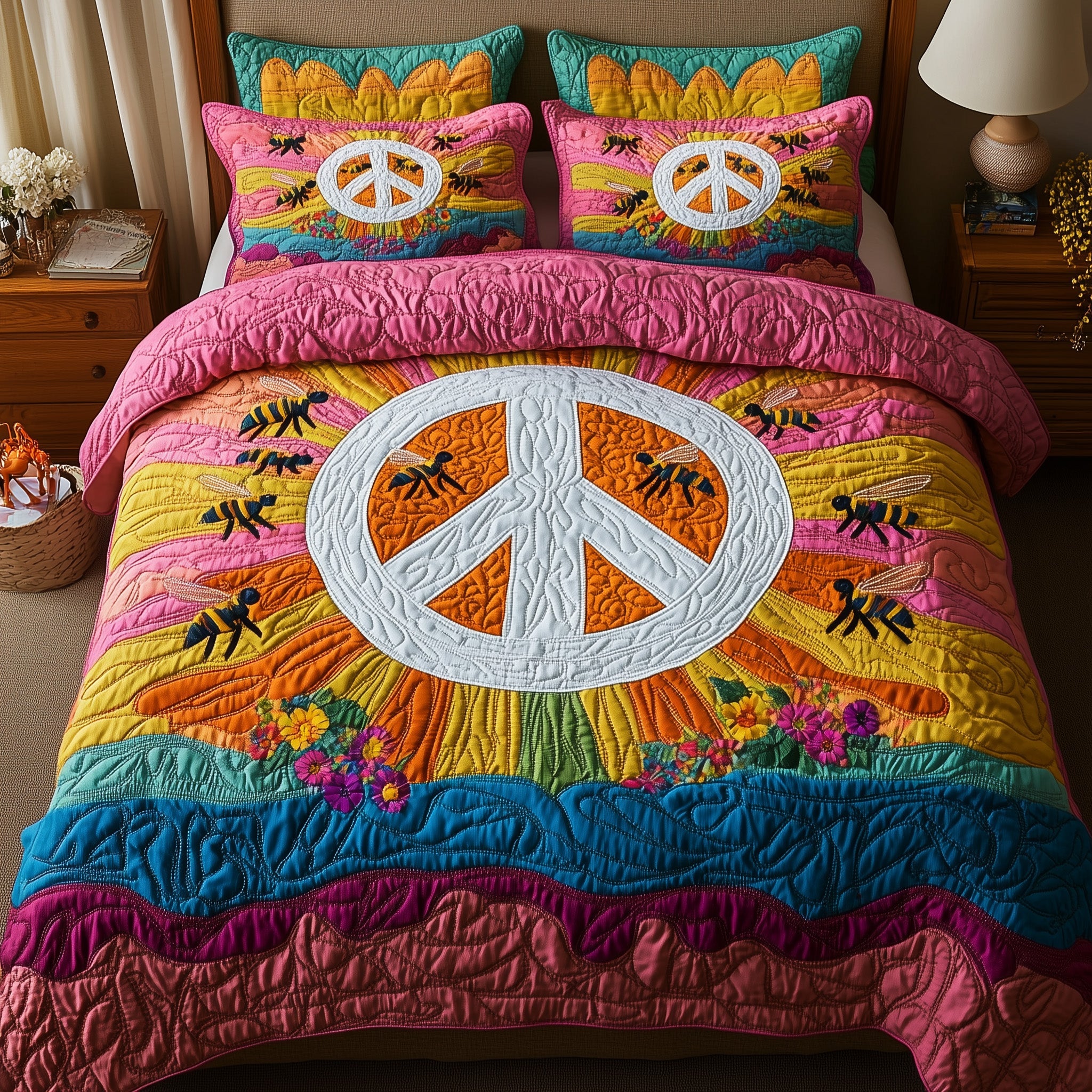 Bee Hippie Quilted Bedding Set Duvet Cover Bed Sheet Bee Related Gifts