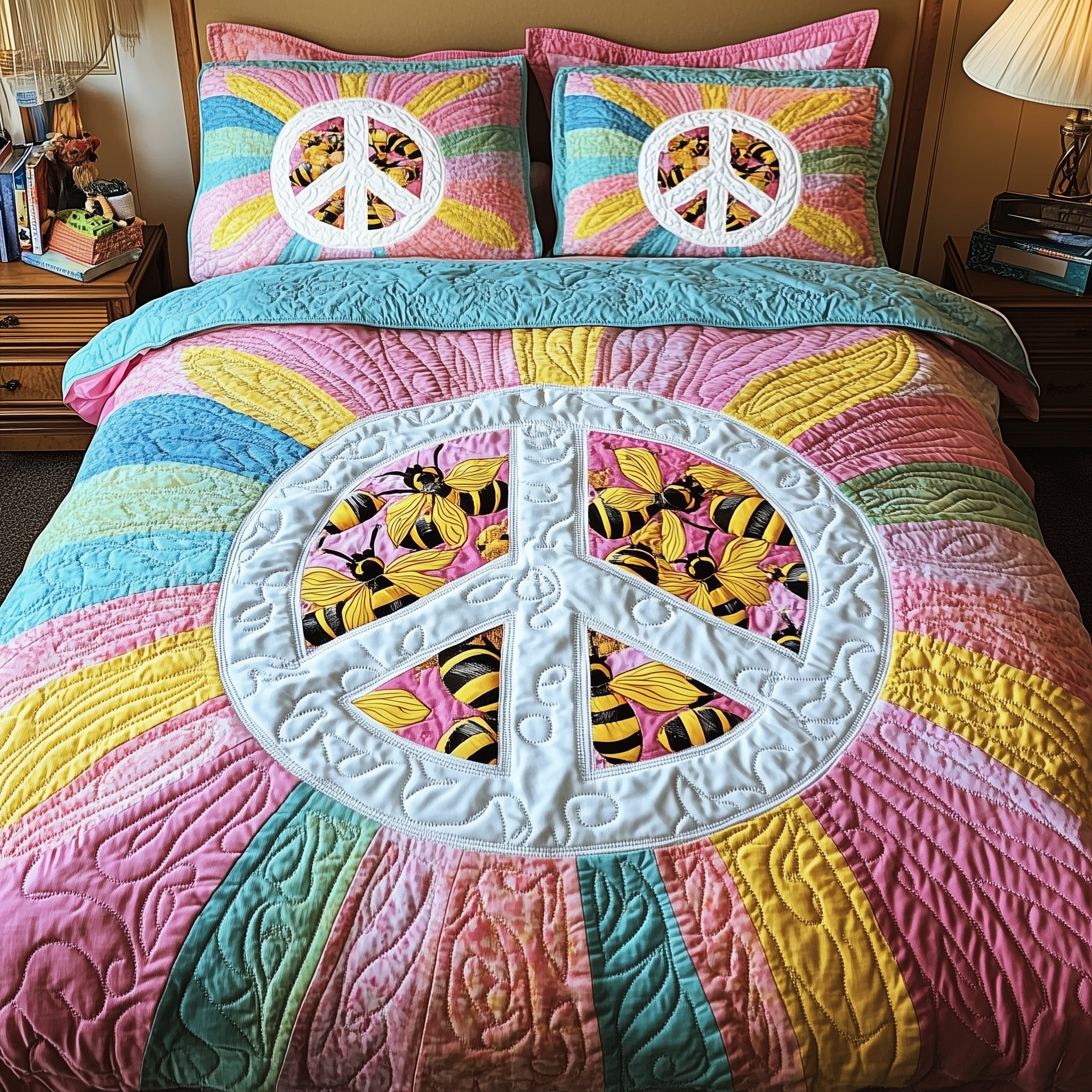 Bee Hippie Quilted Bedding Set Duvet Cover Bed Sheet Bee Themed Gifts For Her