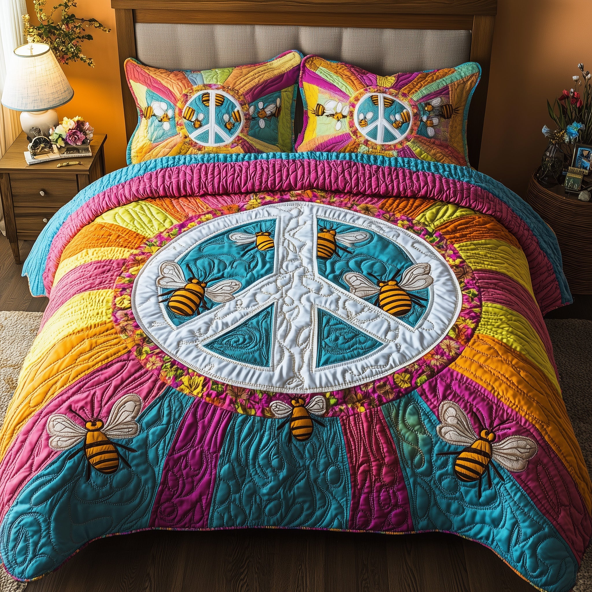 Bee Hippie Quilted Bedding Set Duvet Cover Bed Sheet Best Bee Gifts For Women