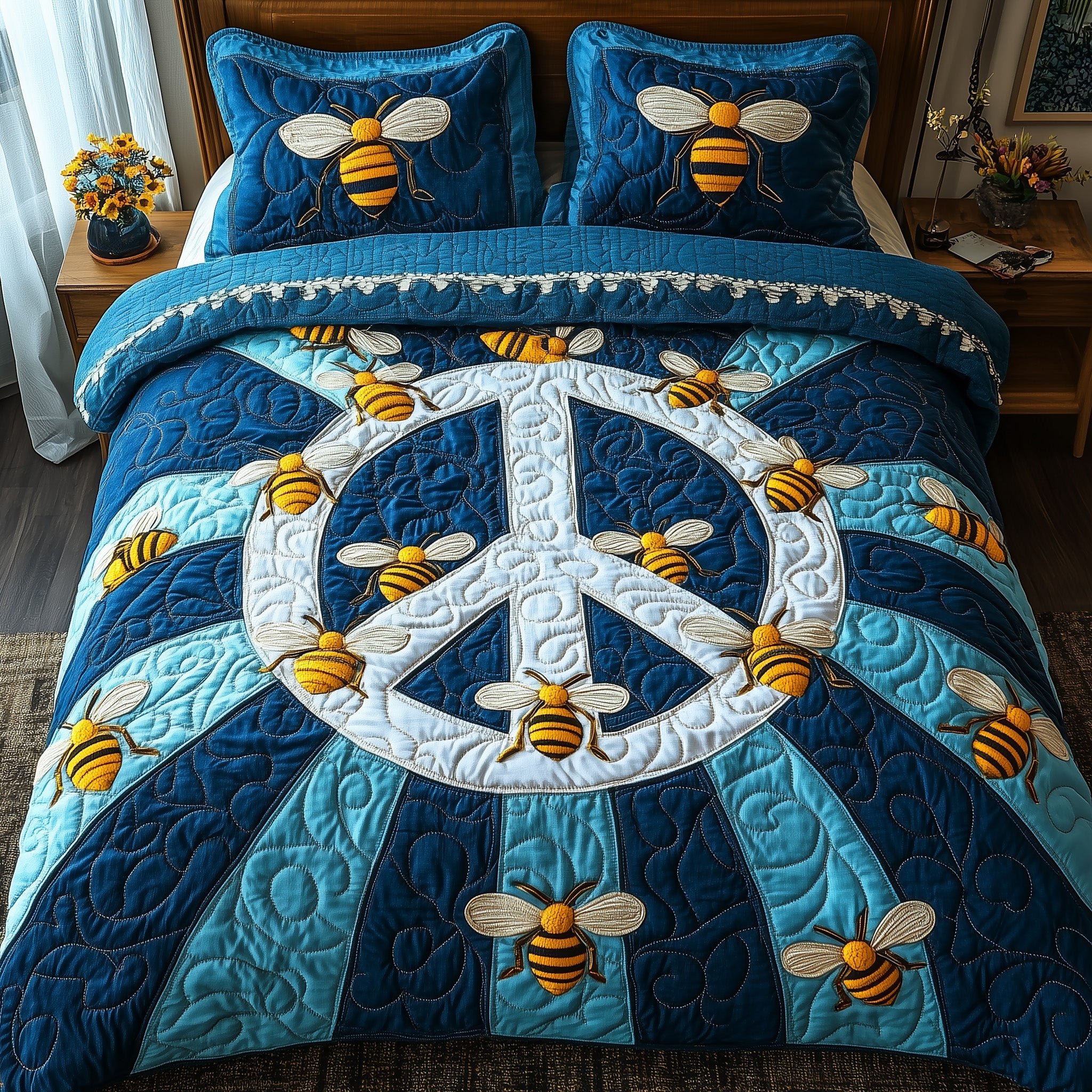 Bee Hippie Quilted Bedding Set Duvet Cover Bed Sheet Gifts For Bee Lovers