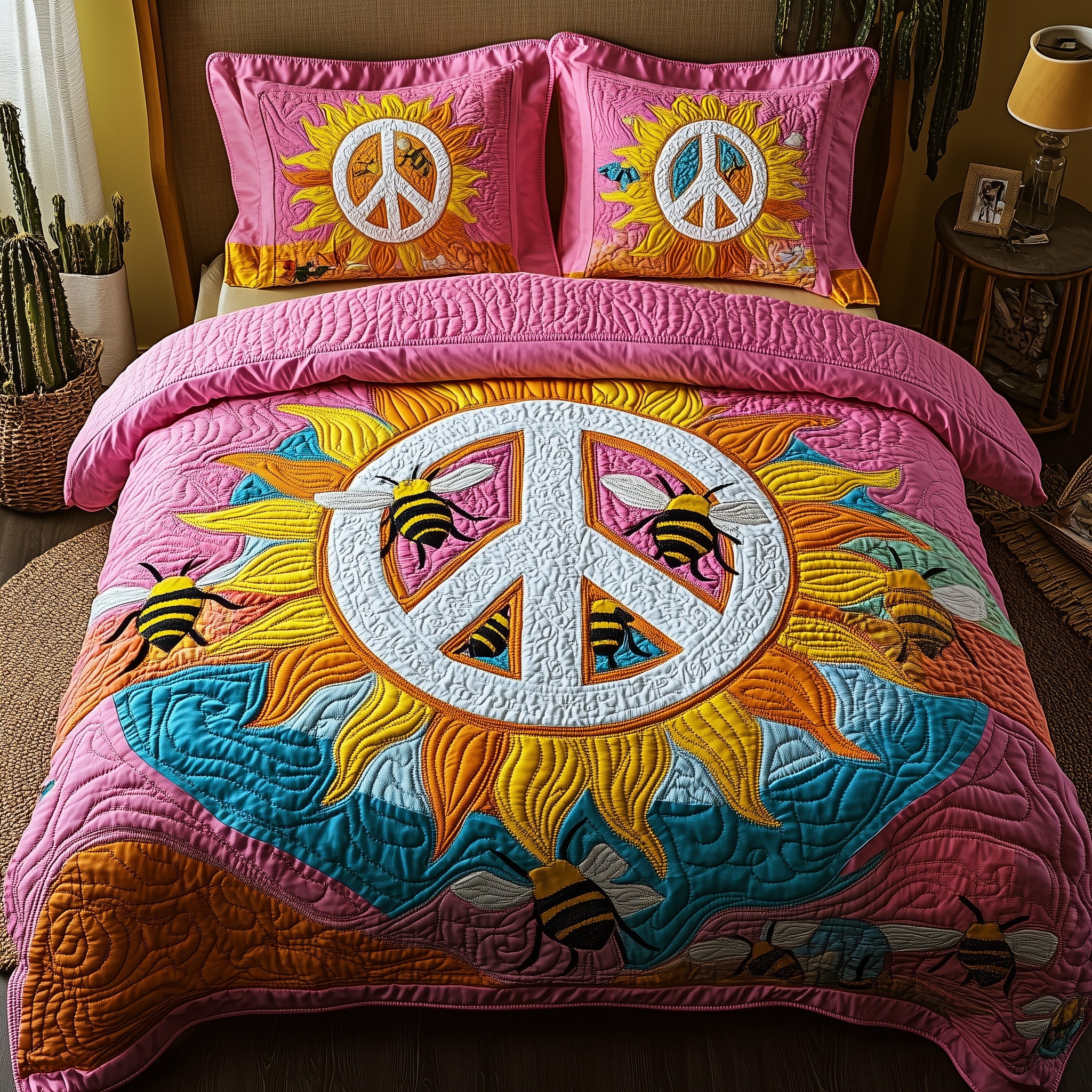 Bee Hippie Quilted Bedding Set Duvet Cover Bed Sheet Gifts For Beekeepers