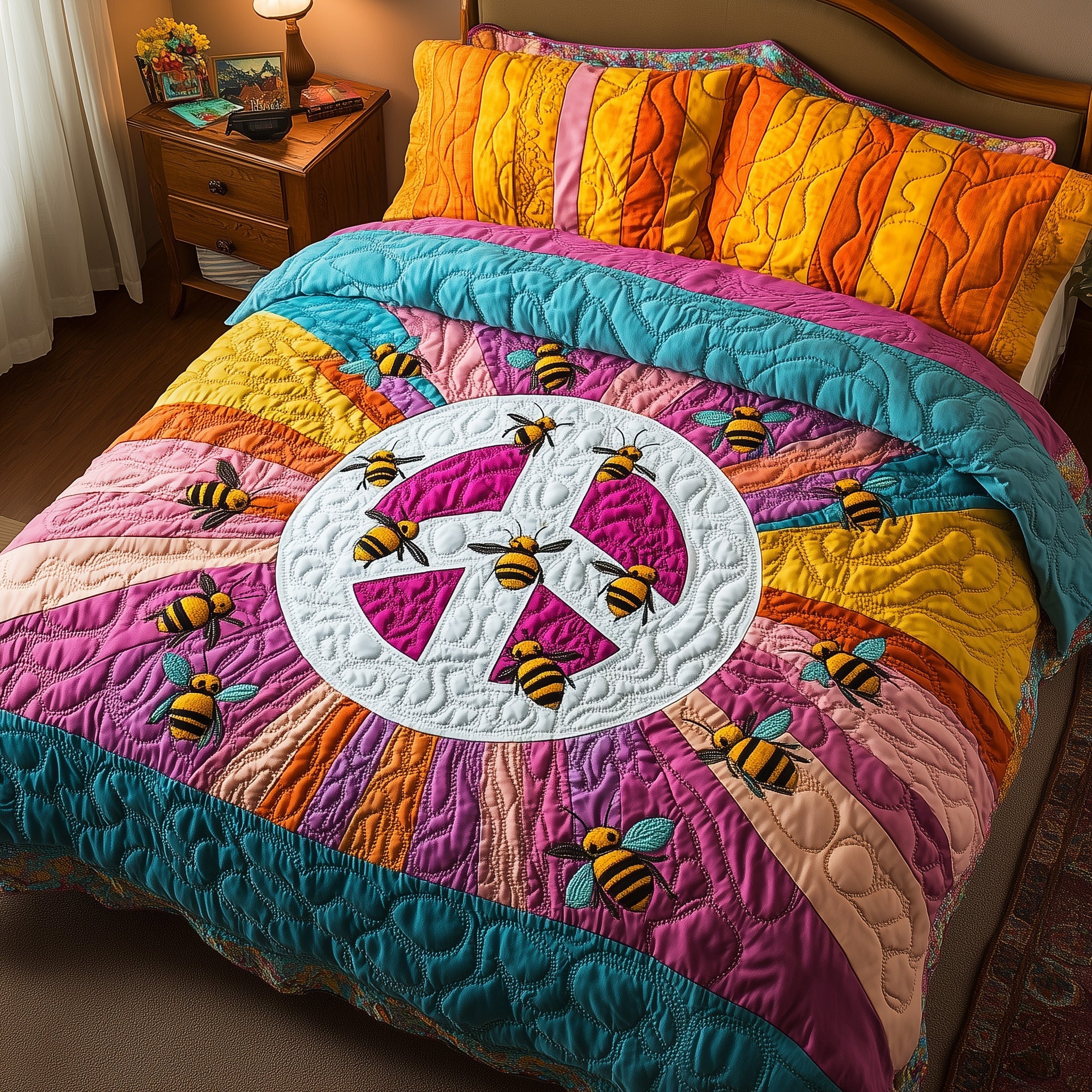 Bee Hippie Quilted Bedding Set Duvet Cover Bed Sheet Unique Bee Gifts