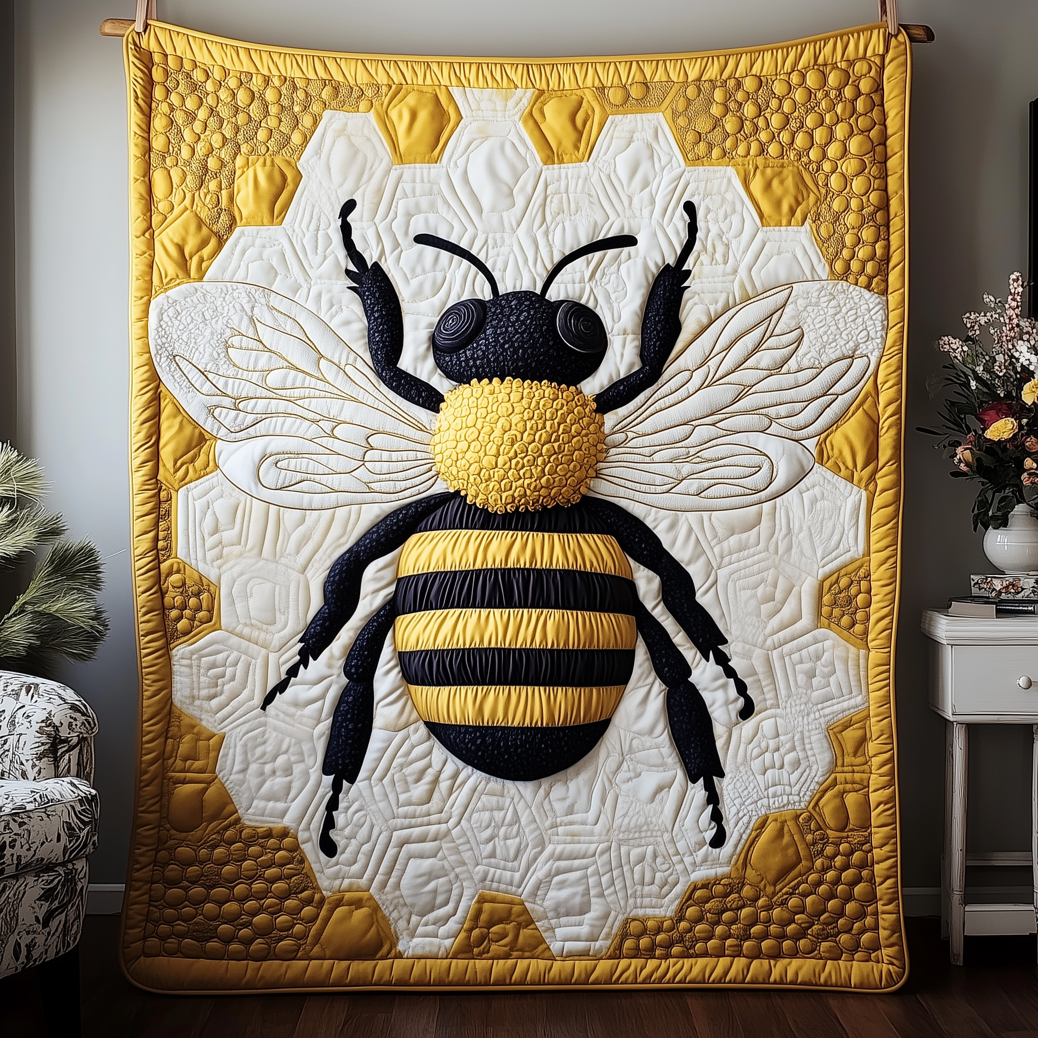 Bee In Bloom Flower Design Quilted Blanket Spring Floral Gift Present Ideas For Bee Lovers