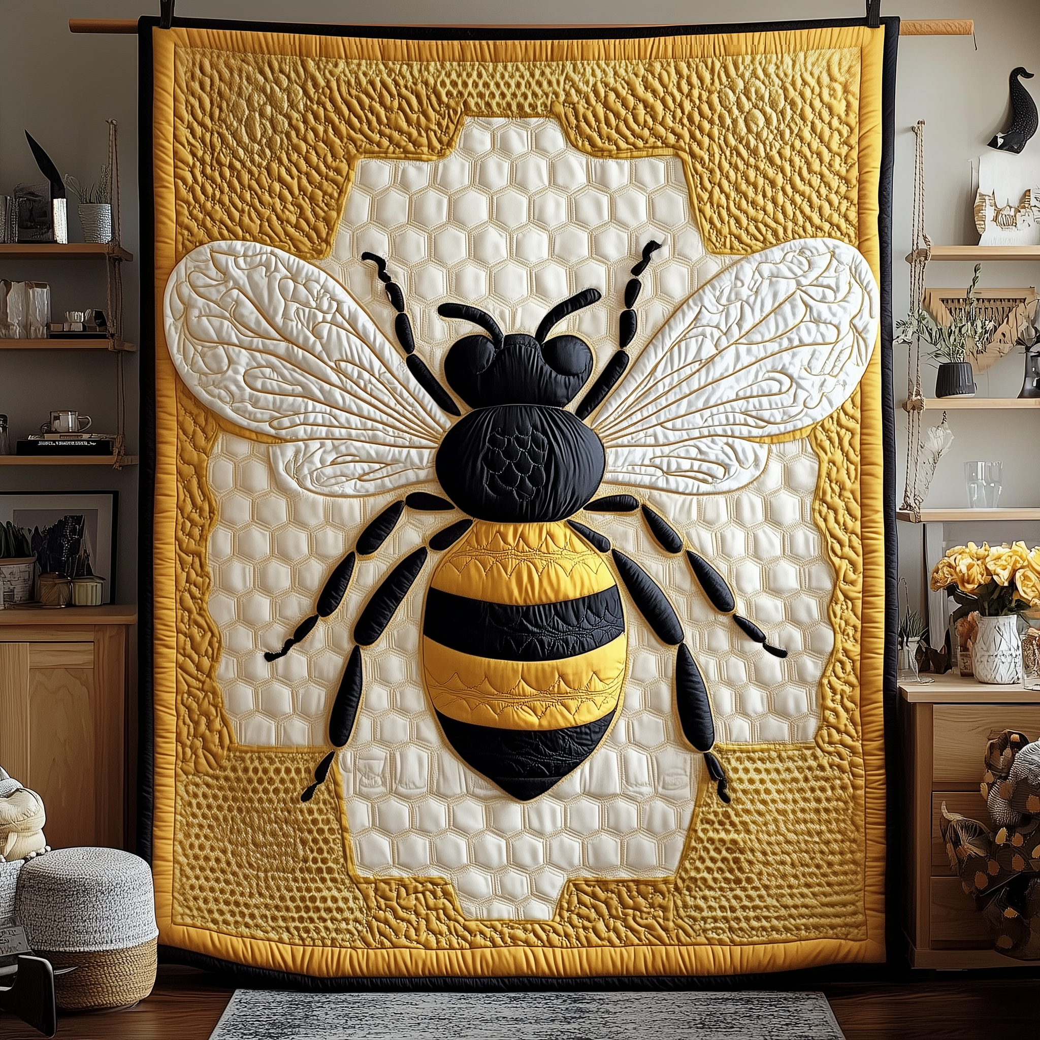 Bee In Bloom Flower Graphic Quilted Blanket Nature Sweet Quilt Present Ideas For Bee Lovers