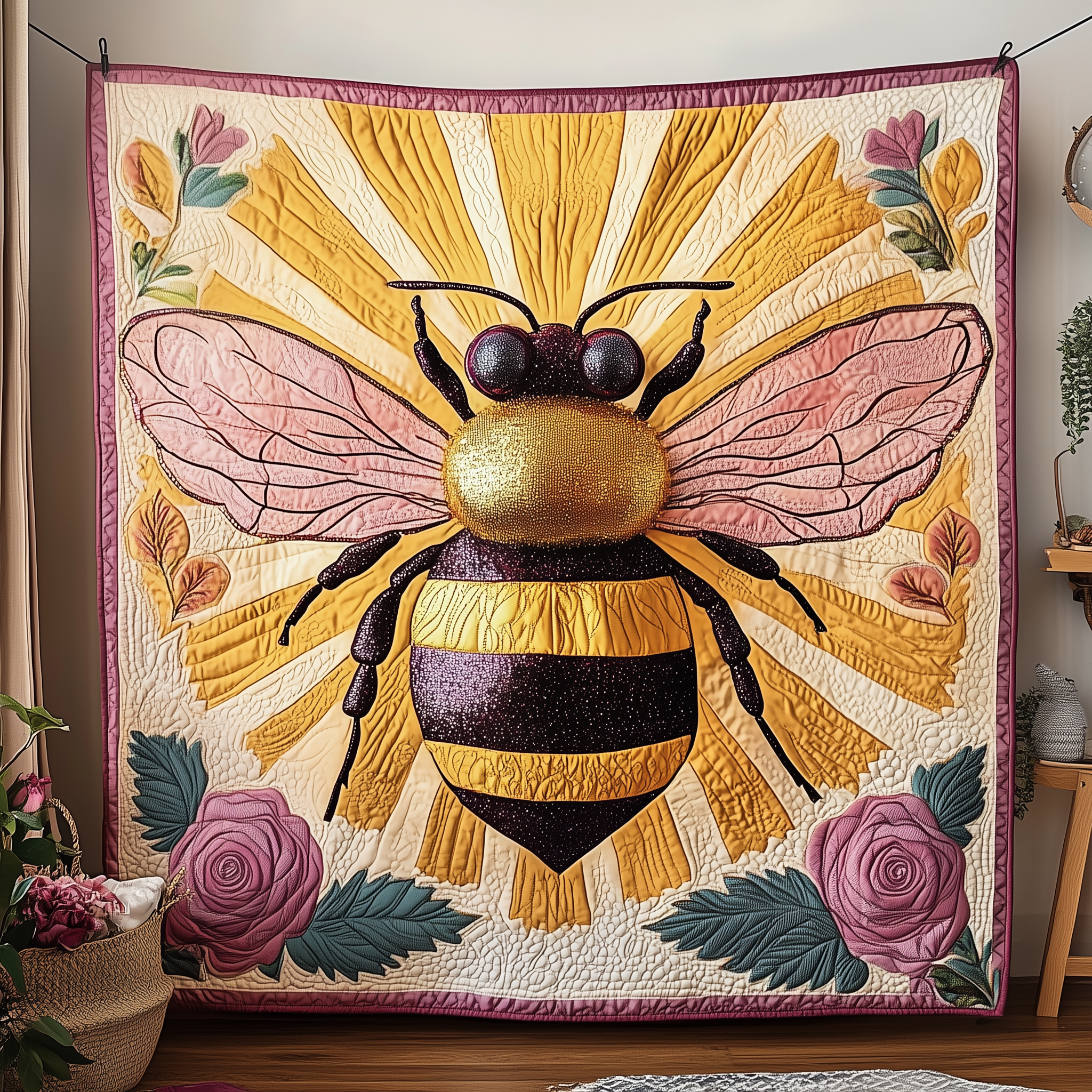 Bee In Bloom Flower Nature Quilted Blanket Nature Flower Quilt Gift Present Ideas For Bee Lovers