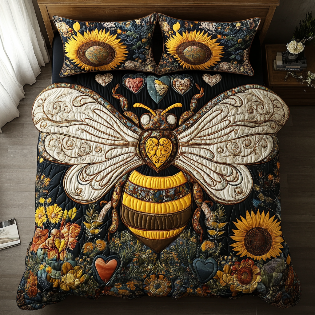 Bee Love Quilted Bedding Set Aesthetic Room Decor Bee Themed Gifts For Her