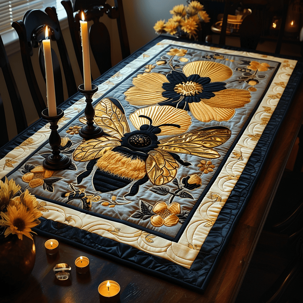 Bee Majesty Quilted Table Runner Holiday Christmas Bumble Bee Gifts For Bee Lovers