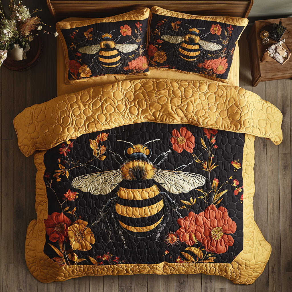 Bee Nectar & Gold Quilted Bedding Set Duvet Cover Bedspread Presents For Men