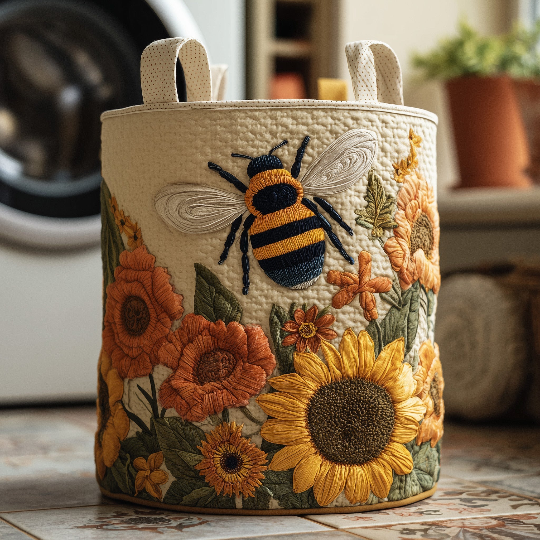 Bee Pollen Garden Quilted Laundry Basket Sunflower Theme Gifts