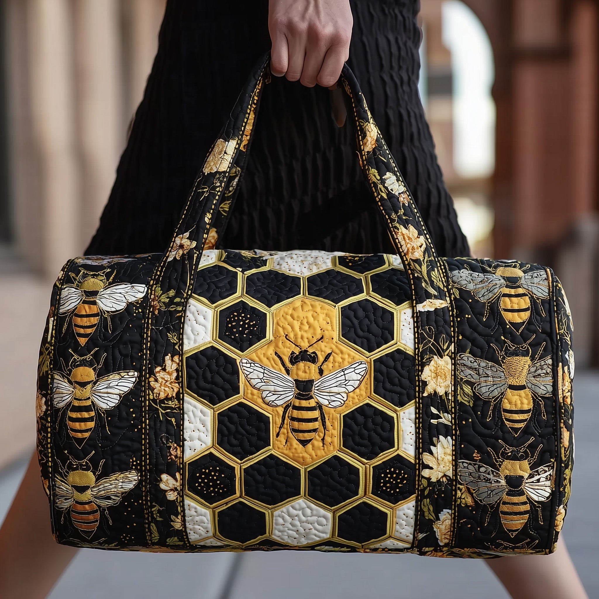 Bee Quilted Duffle Bag Organized Storage Pockets