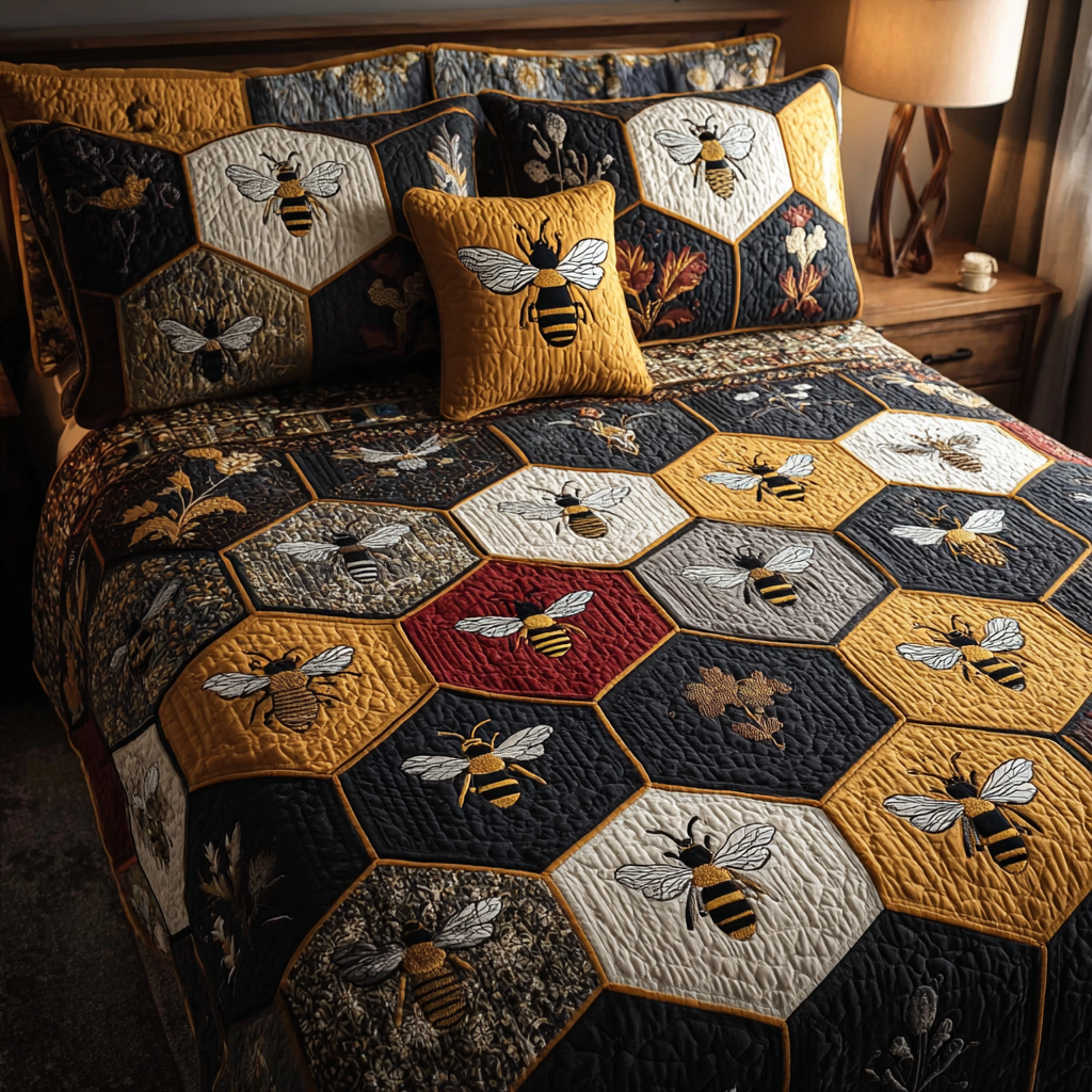 Bee Spirit Quilted Bedding Set Holiday Season Duvet Cover Set Bee Themed Presents