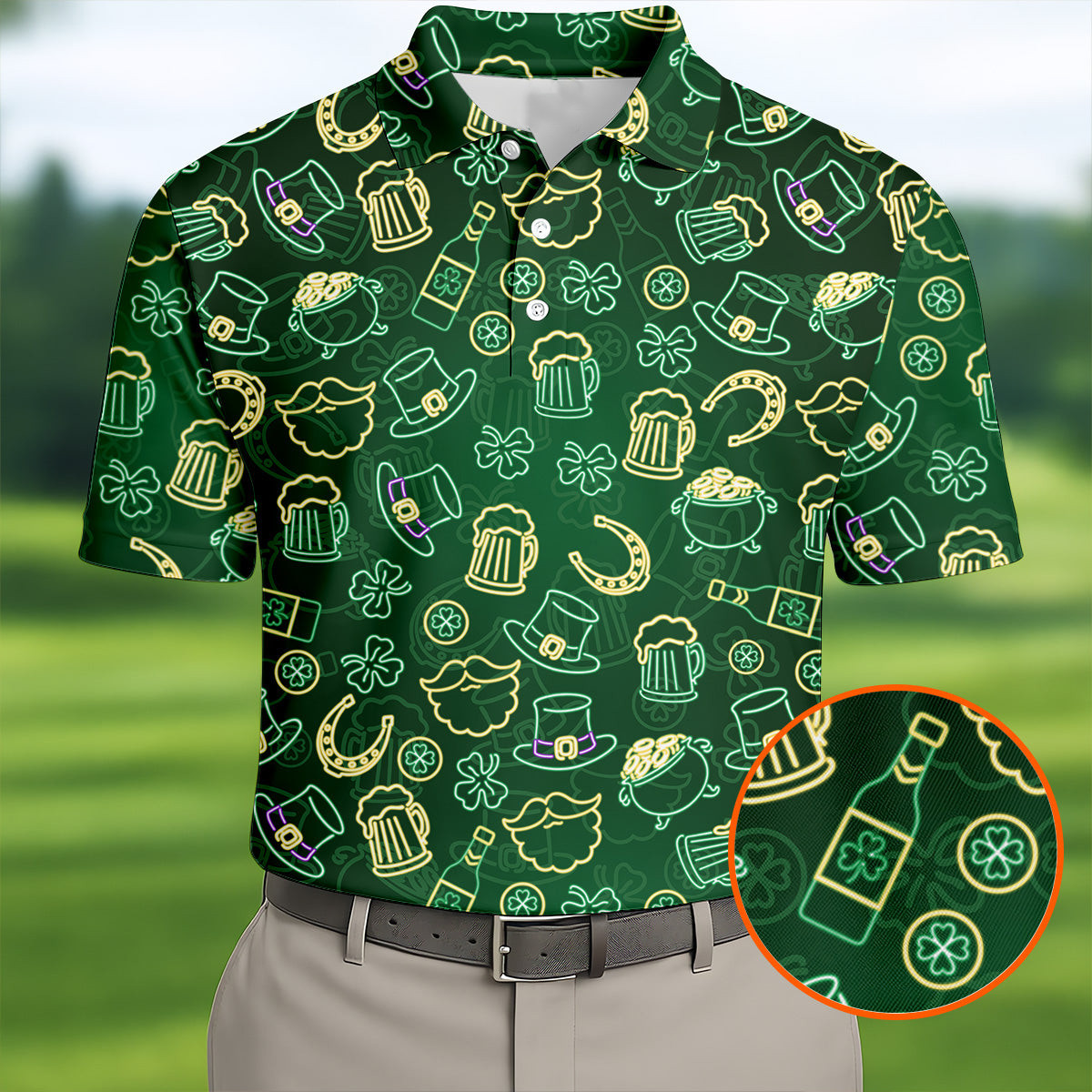 Beer Shamrock Neon Pattern St Patrick's Day Golf Polo Shirt Golf Clothing Line Father's Day Present