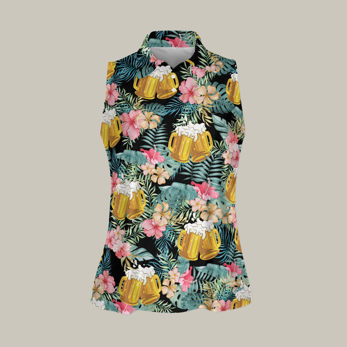 Beer Tropical Floral Golf Sleeveless Polo Shirt Best Golf Clothes Cool Present For Mother's Day