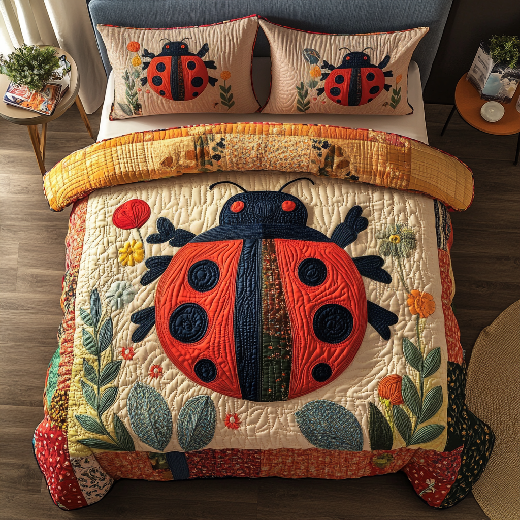 Beetle Bliss Quilted Bedding Set Bed Room Decoration Ladybug Gifts For Her