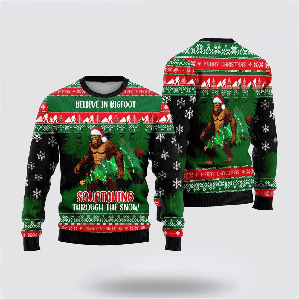 Believe In Bigfoot Squatching Through The Snow Ugly Christmas Sweater  For Men And Women Gifts For Couples