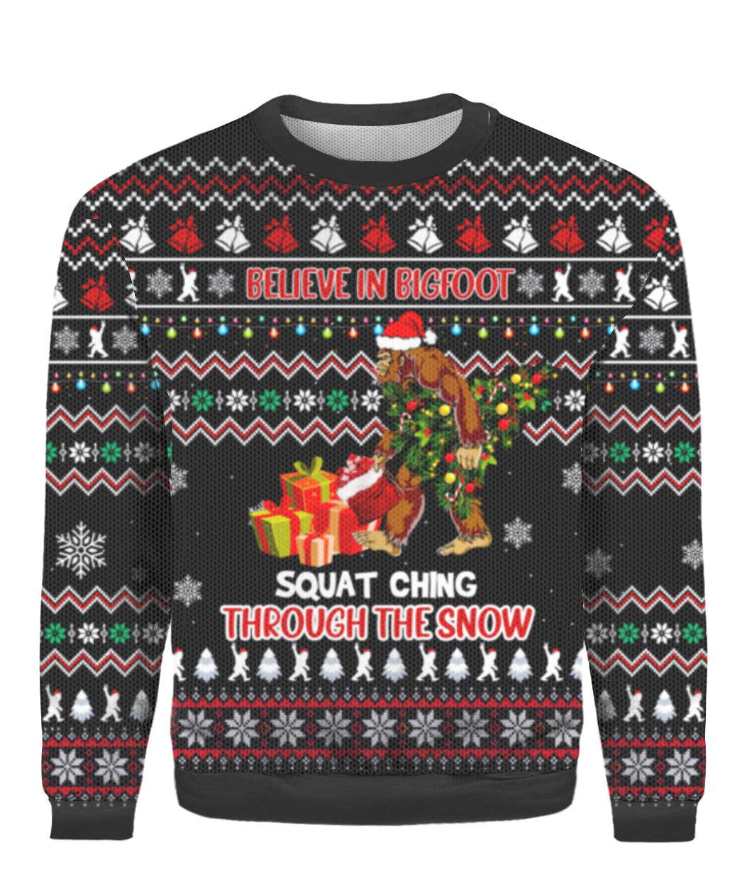 Believe In Bigfoot Ugly Christmas Sweater Squat Ching Through The Snow Bigfoot Gift Items