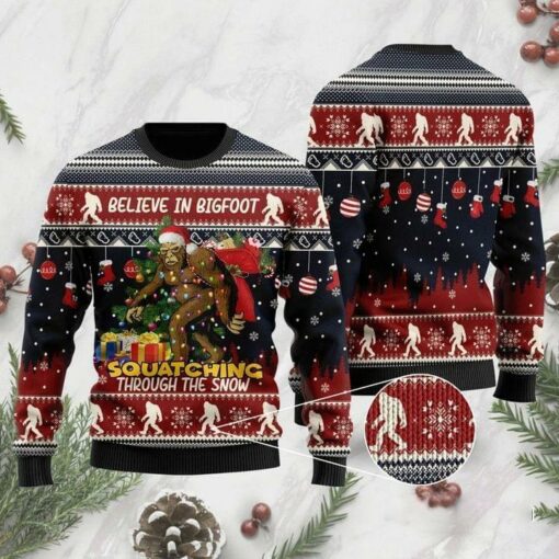Believe In Bigfoot Ugly Christmas Sweater Squat Ching Through The Snow Funny Bigfoot Gifts