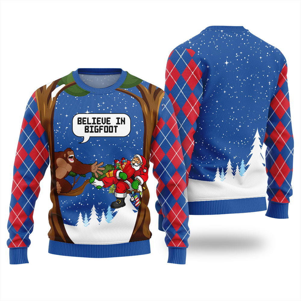 Believe In Bigfoot Xmas Sweaters For Ladies Cute Christmas Sweatshirt for Holiday Spirit