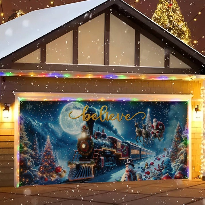 Believe Train Christmas Garage Door Cover Santa On Sleigh Flying Outdoor Decoration Gifts
