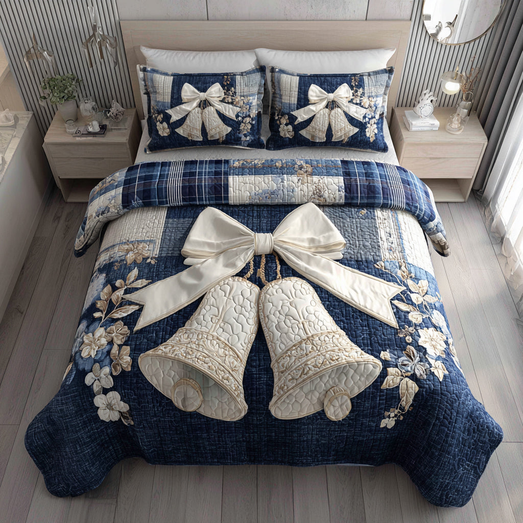 Bell Ribbon Blue Quilted Bedding Set Holiday Duvet Covers Unique Christmas Gifts 2025