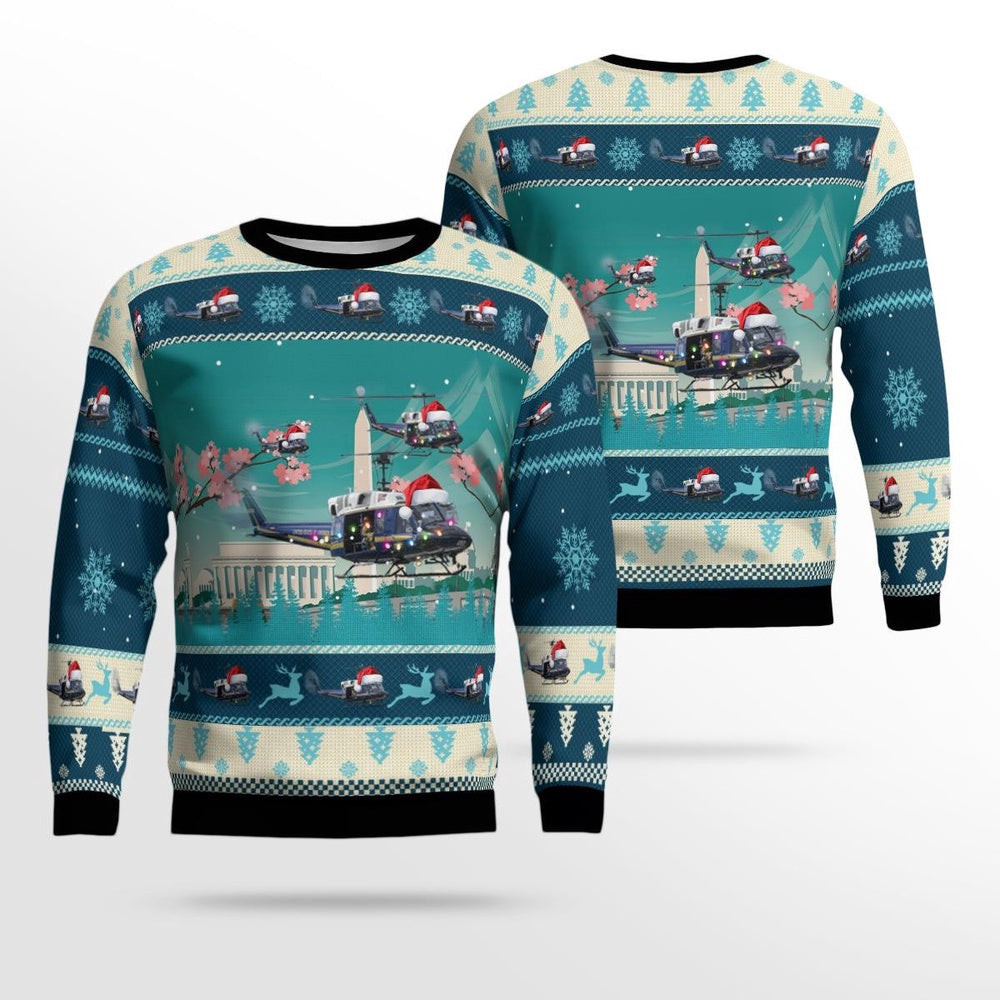 Bell UH-1N Twin Huey of the 1st Helicopter Squadron Flying Over Washington DC Christmas AOP Ugly Sweater Xmas Unisex Sweater Christmas Gifts for Men Women