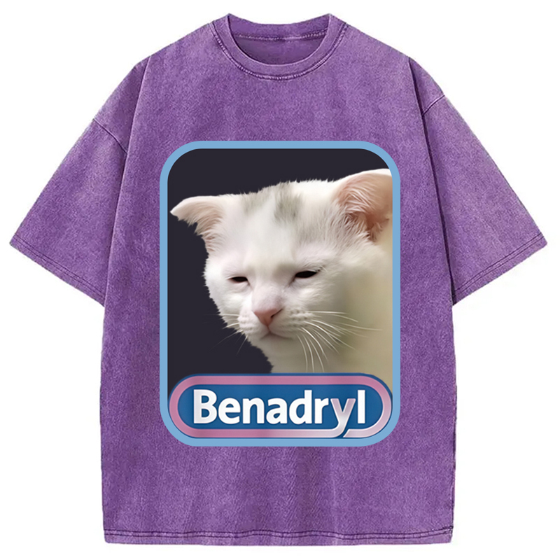 Benadryl Cute Cat Benny Meme Washed T-Shirt Everyday Comfort Graphic Shirt Gifts For Friends