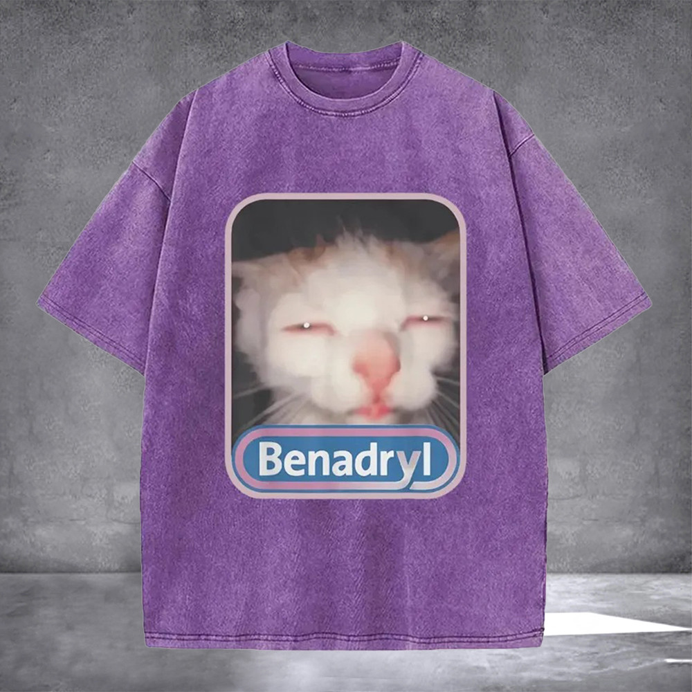 Benadryl Meme Cat Washed T-Shirt Funny Hilarious Cat Meme Graphic Tee Gifts For Friends