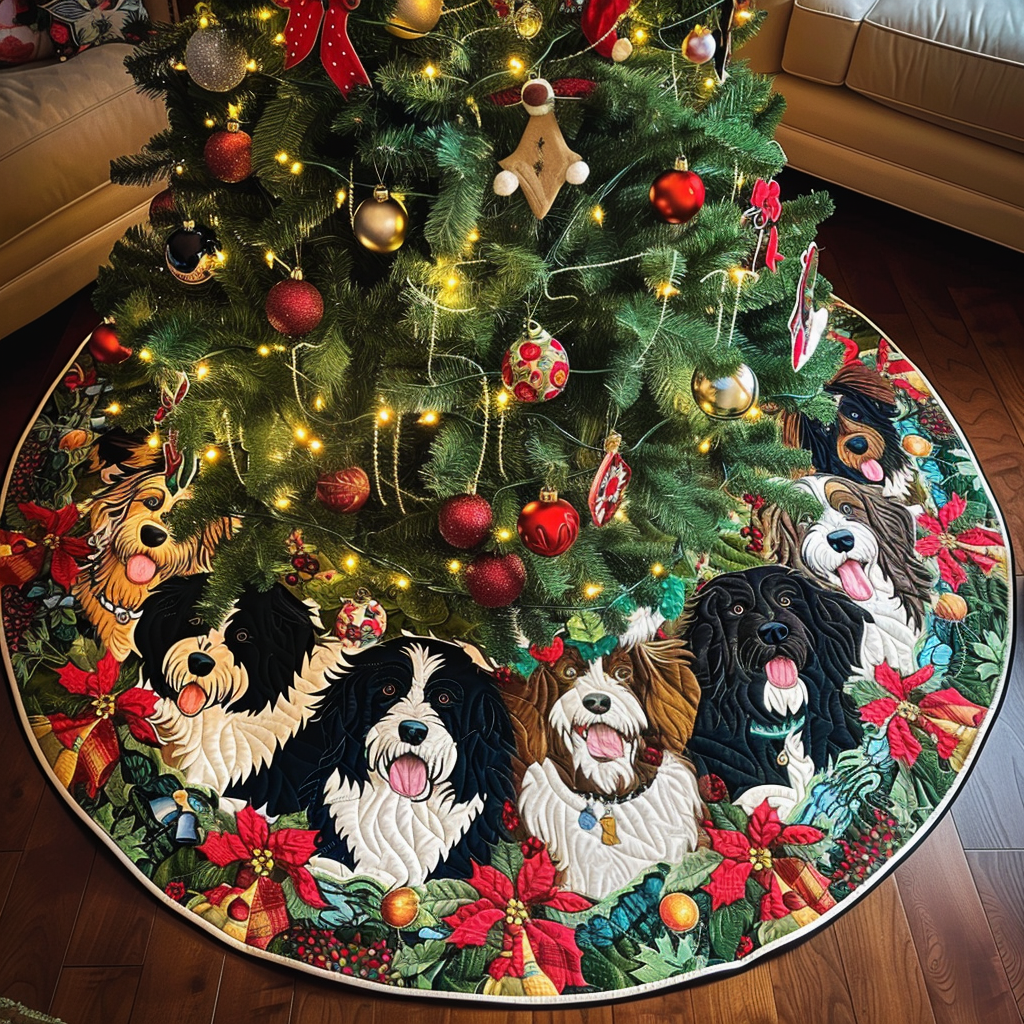 Bernedoodle Holiday Joy Christmas Quilted Tree Skirt Seasonal Tree Area Decoration Xmas Under-Tree Decoration