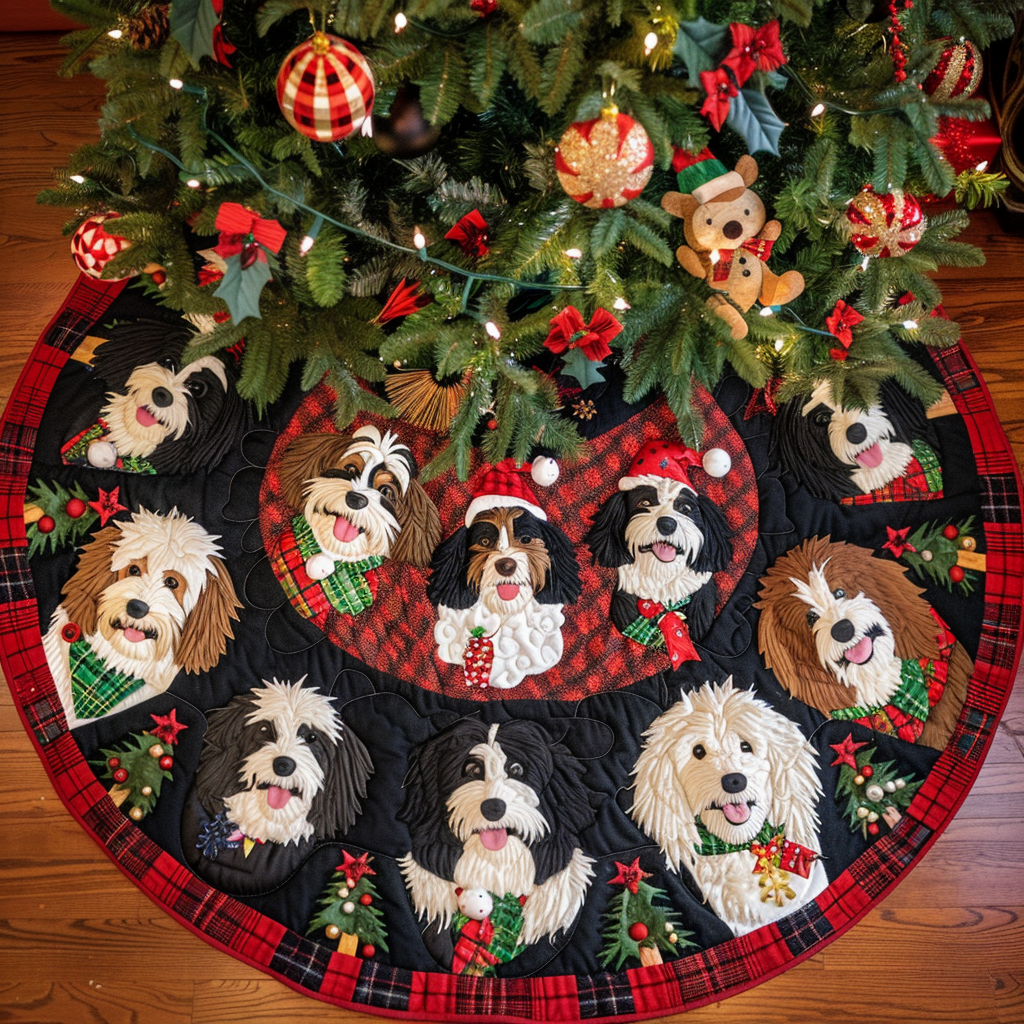 Bernedoodle Sleigh Ride Christmas Quilted Tree Skirt Family Holiday Gathering Decor Holiday Tree Base Decoration