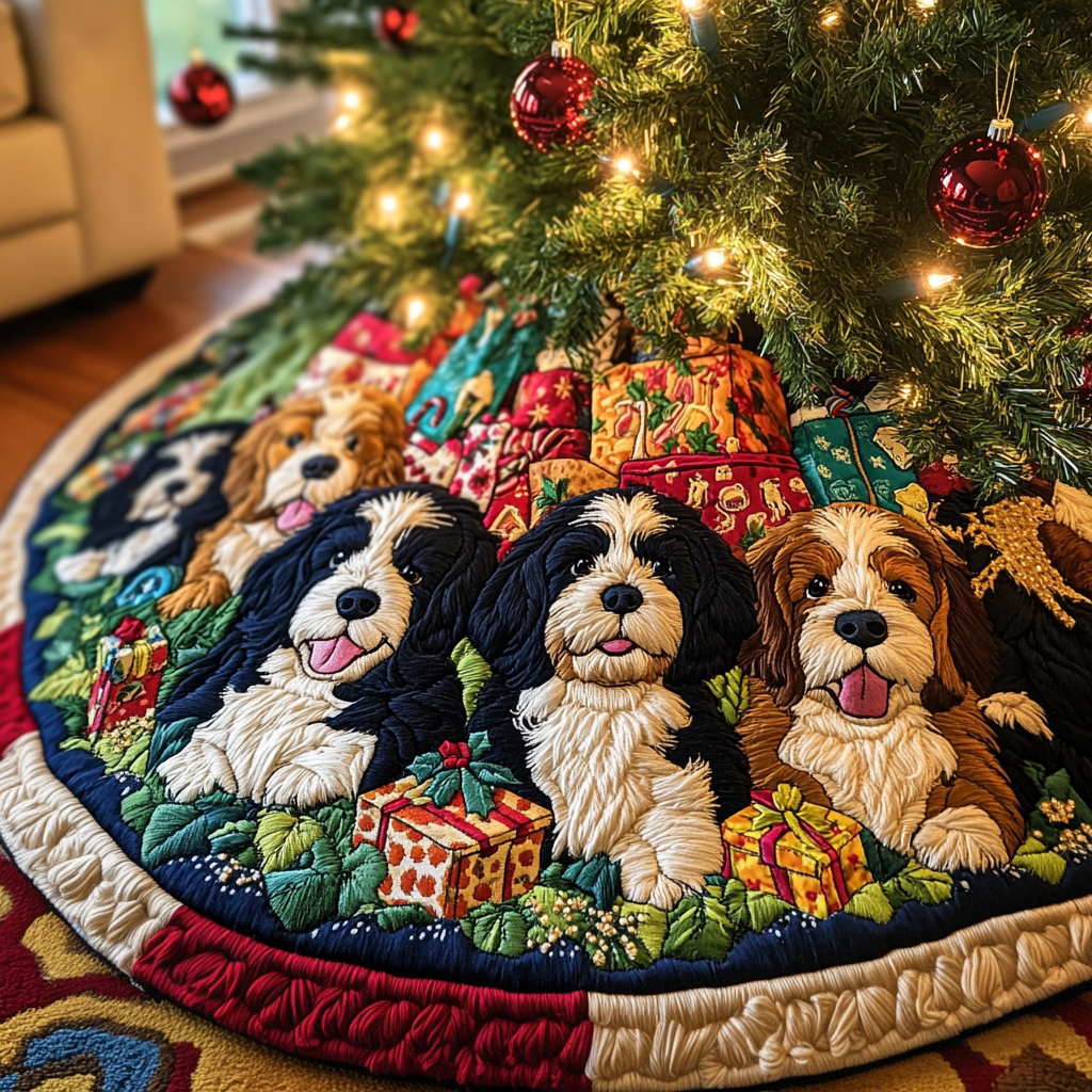 Bernedoodle Snowy Delight Christmas Quilted Tree Skirt Magical Christmas Tree Skirt to Impress Guests