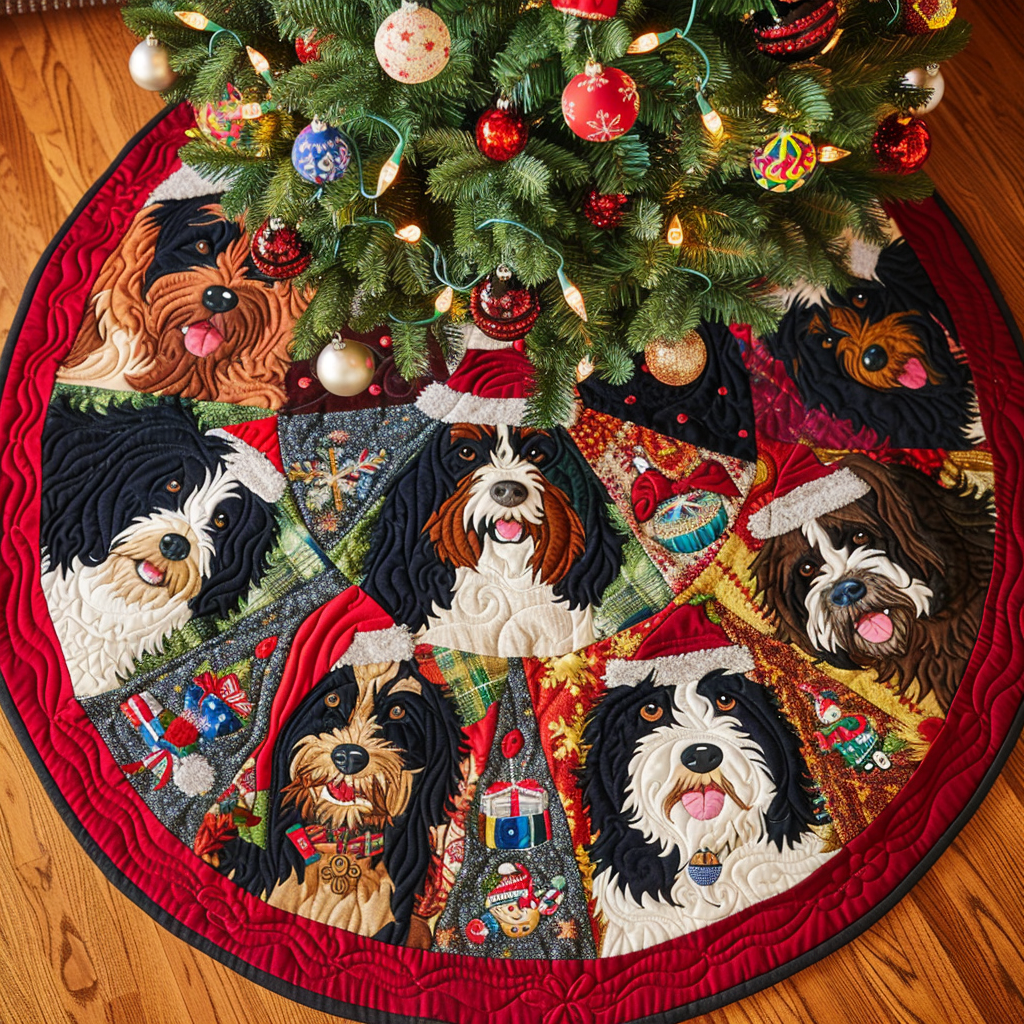 Bernedoodle Yuletide Fun Christmas Quilted Tree Skirt Luxury Christmas Tree Skirt for Elegant Homes