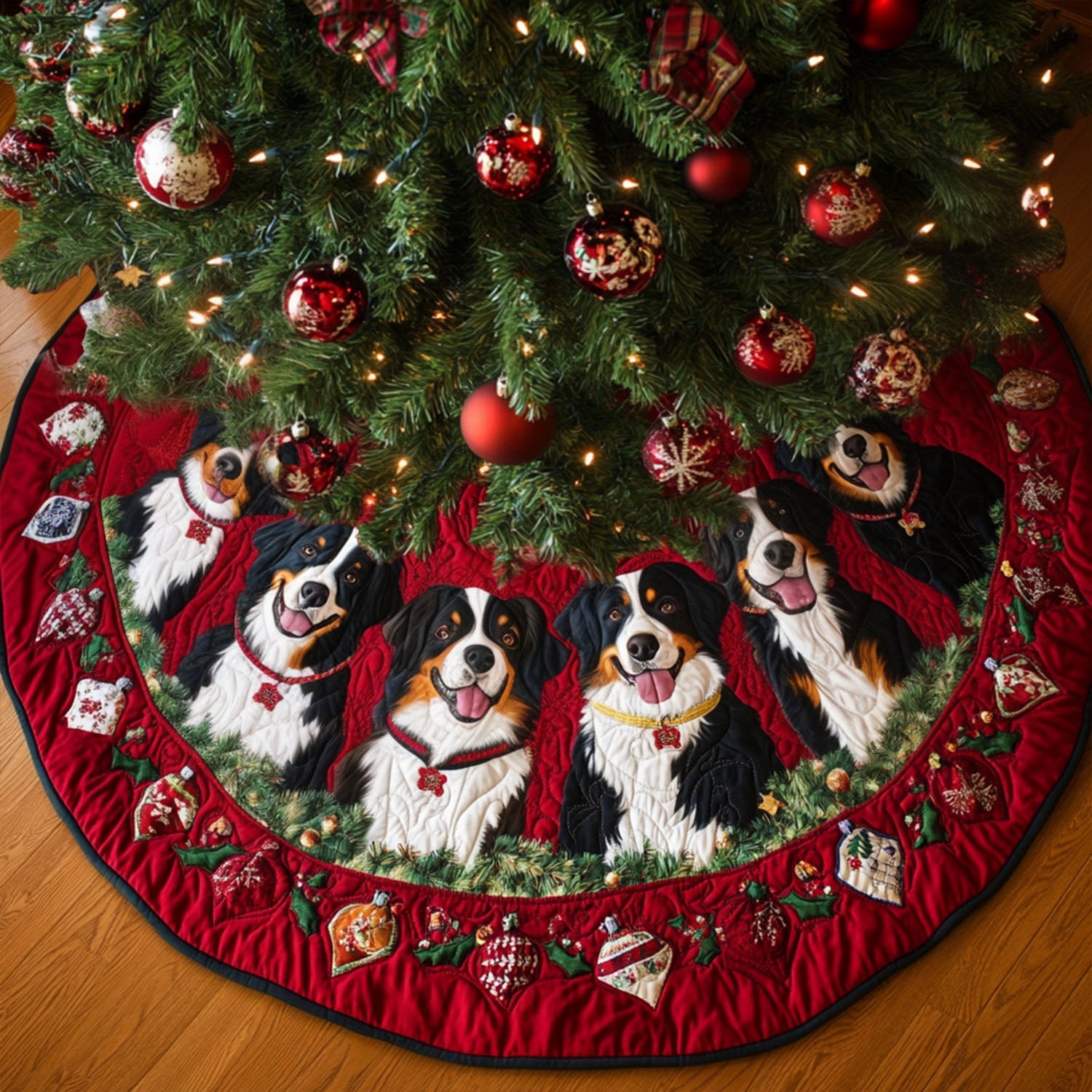 Bernese Delight Quilted Christmas Tree Skirt Holiday Living Room Decor