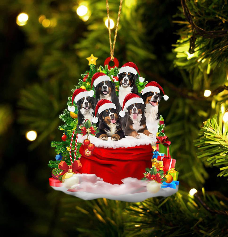 Bernese Mountain Dogs In A Gift Bag Christmas Ornament Flat Acrylic Dog Ornament