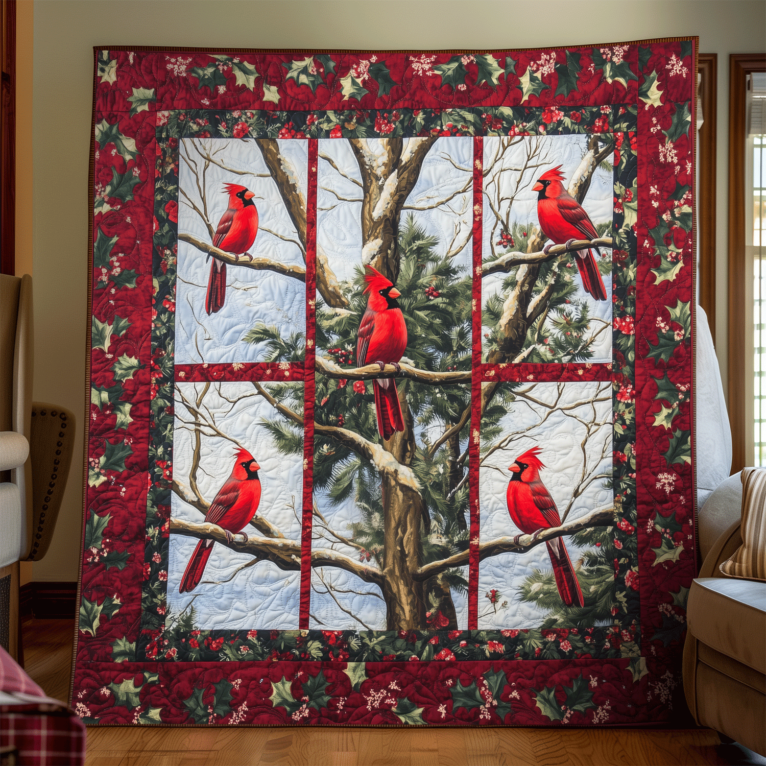 Berry Branch Bliss Quilted Blanket Unique Cardinal Bird Gifts