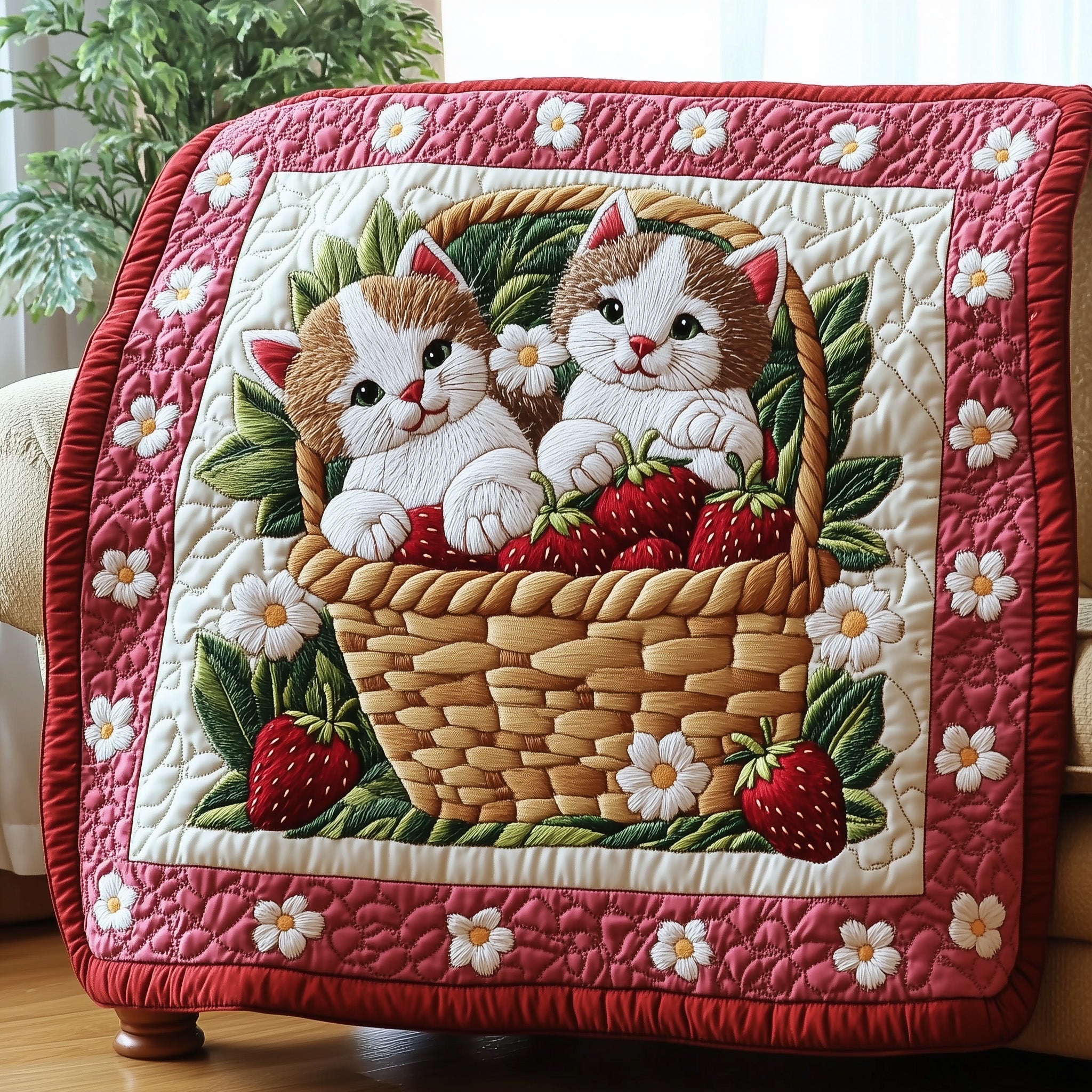Berry Cute Kitty Cat Strawberry Quilted Blanket Cat Mom Feline Fruit Presents For Kitty Lovers