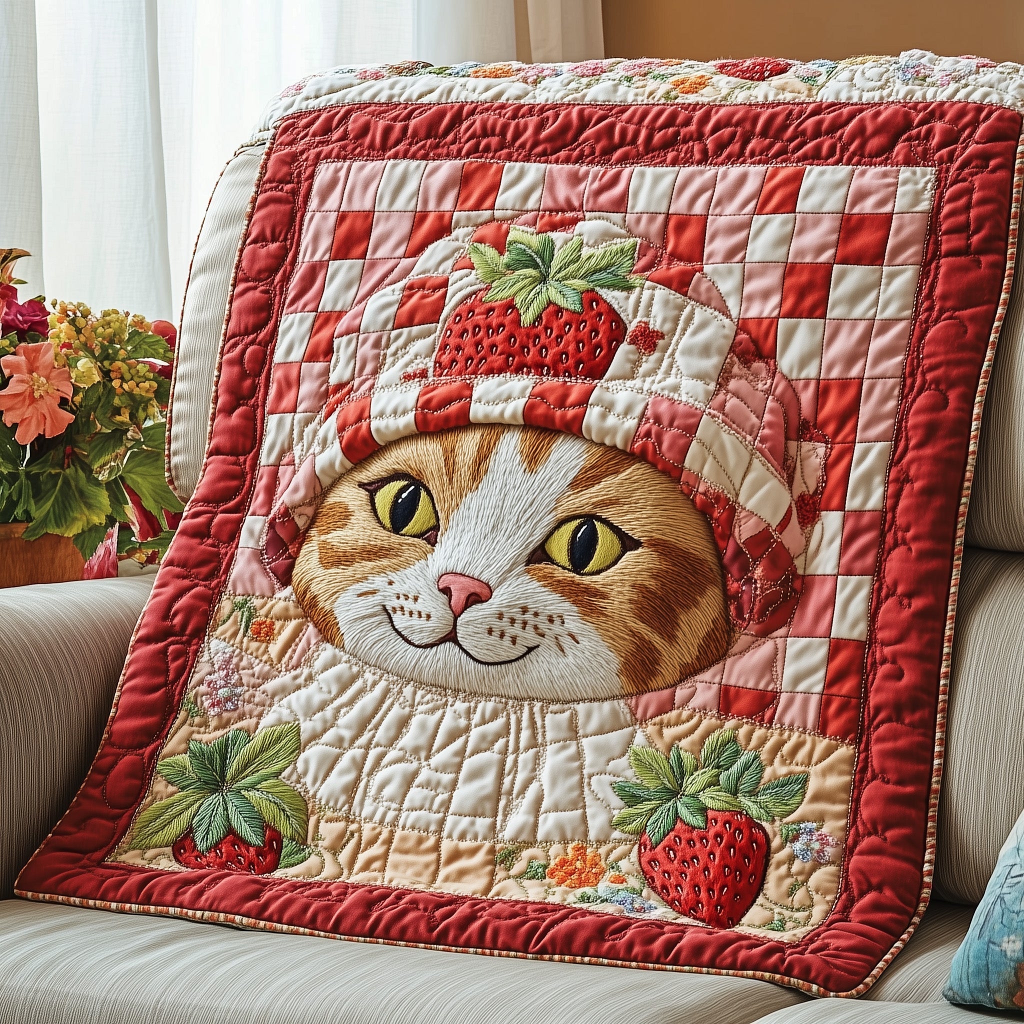 Berry Meowgic Cat Strawberry Quilted Blanket Feline Strawberry Presents For Kitty Lovers