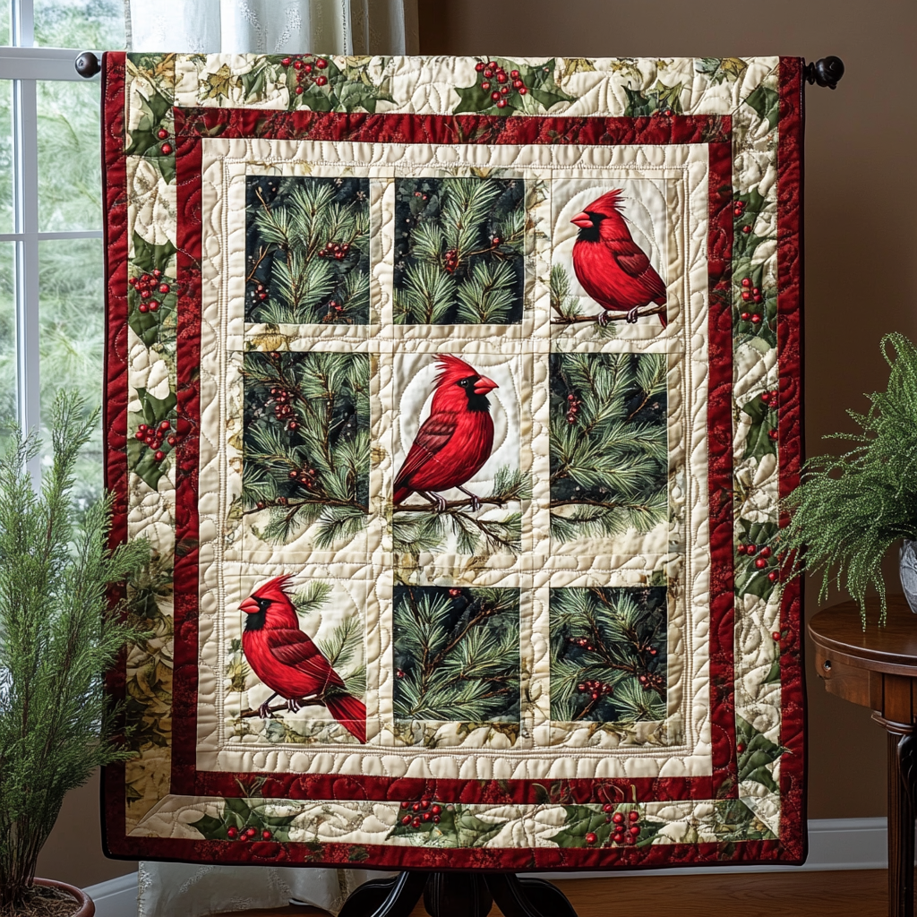 Berry Perch Quilt Quilted Blanket Unique Cardinal Bird Gifts