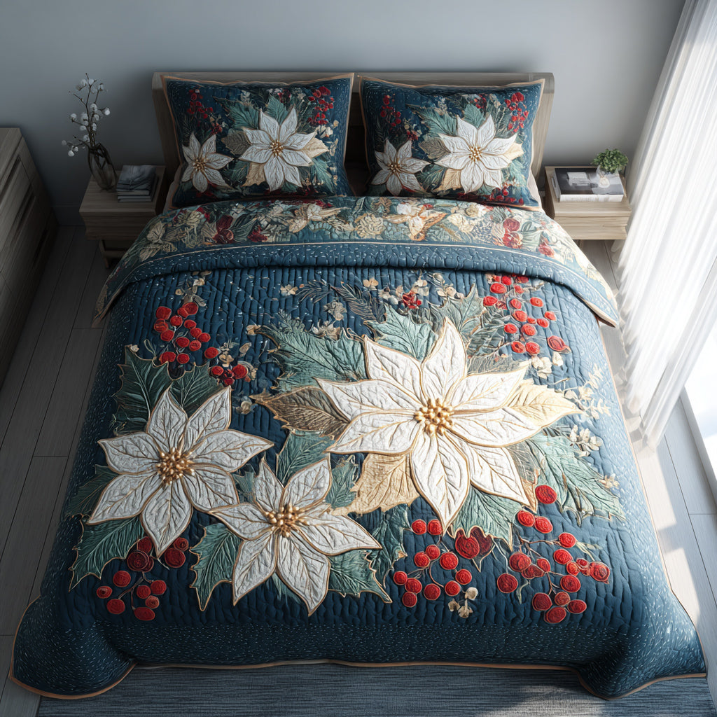 Berry Poinsettia Quilted Bedding Set Xmas Duvet Sets Christmas Gifts For Men