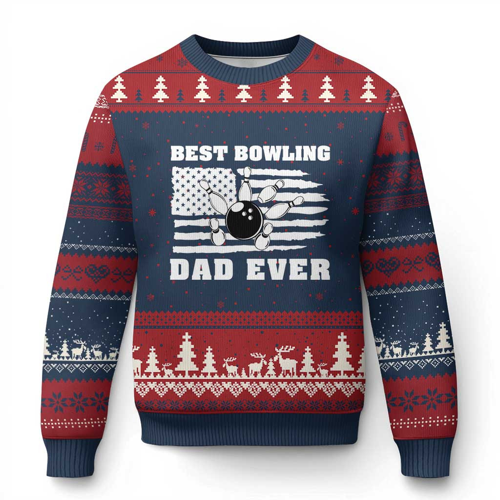 Best Bowling Dad Ever Ugly Christmas Sweater American Flag Jumper Patriotic Bowler Gifts