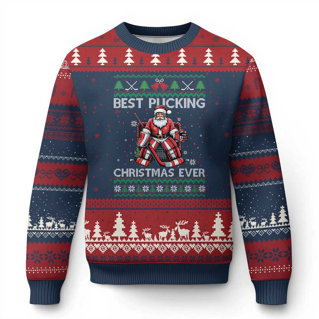 Best Pucking Ugly Christmas Sweater Santa Hockey Goalie Sweater Gifts For Hockey Player