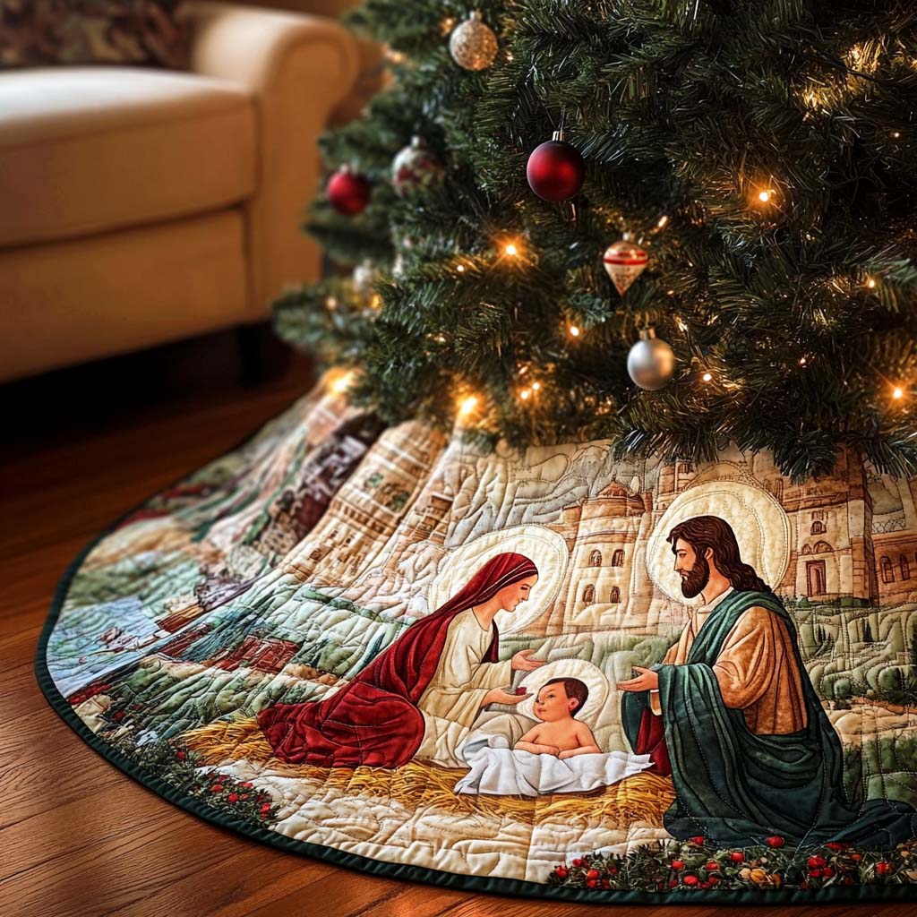 Bethlehem Eve Christmas Quilted Tree Skirt Holiday Living Room Decor Winter Holiday Decor