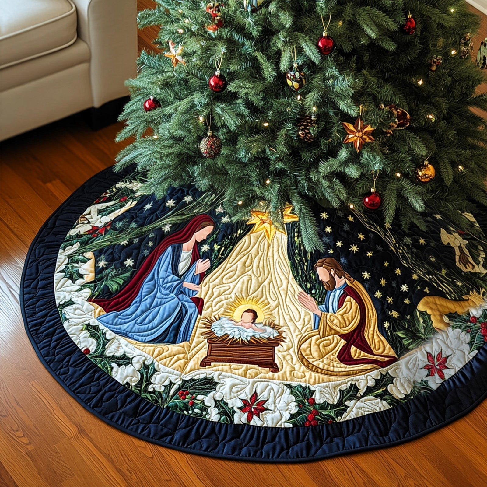 Bethlehem Light Quilted Christmas Tree Skirt Special Holiday Tree Skirt Gift for Newlyweds
