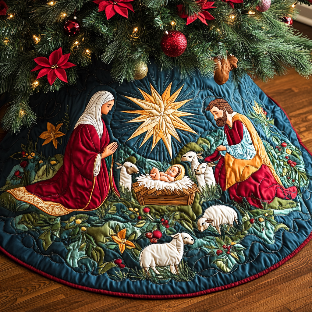 Bethlehem Star Christmas Quilted Tree Skirt Christmas Holiday Living Room Decor
