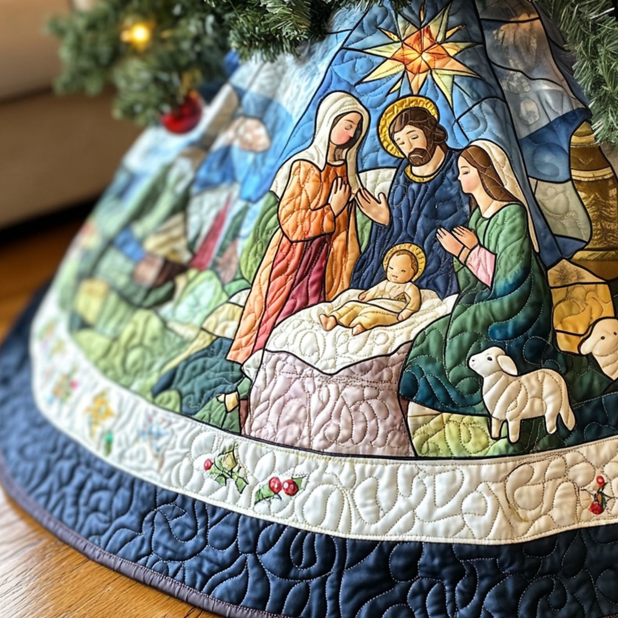 Bethlehem Star Quilted Christmas Tree Skirt Seasonal Tree Area Decoration Xmas Under-Tree Decoration
