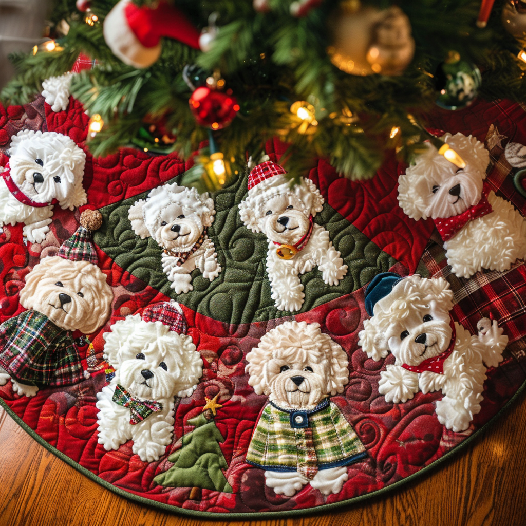 Bichon Christmas Spirit Christmas Quilted Tree Skirt Charming Tree Skirt for Family Gatherings