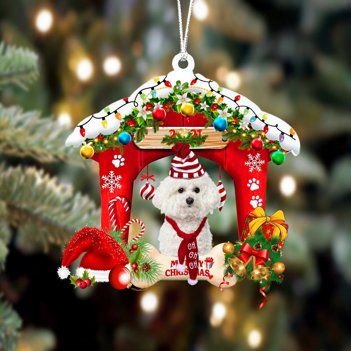 Bichon Frise Christmas House Custom Shaped Two Sided Ornament