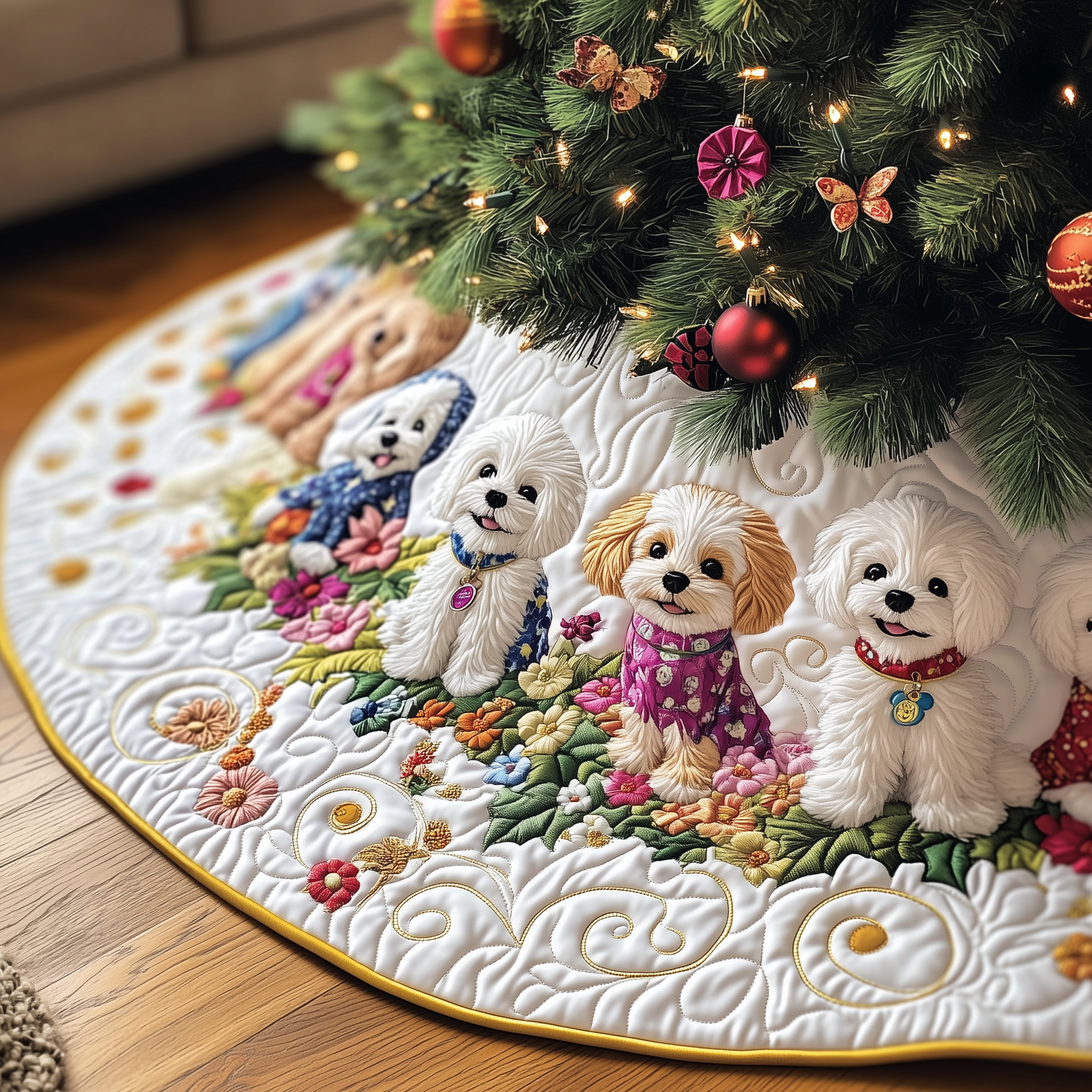 Bichon Frise Christmas Tree Base Cover Fluffy White Dog Quilted Holiday Decor Gift for Pet Lovers
