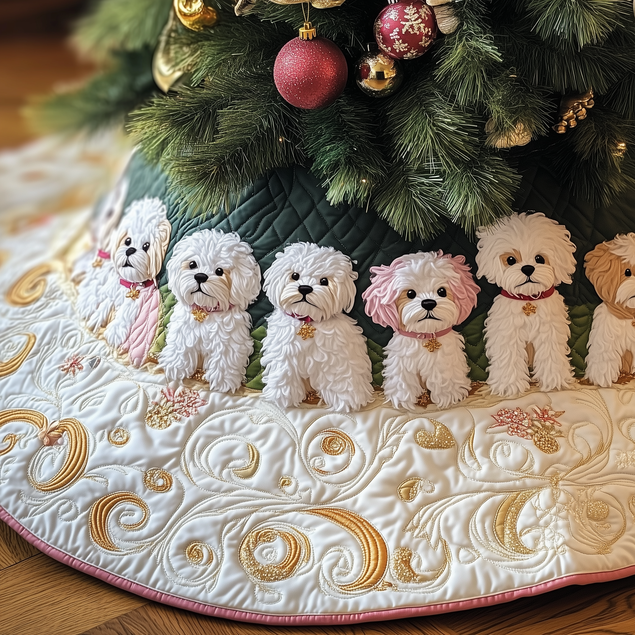 Bichon Frise Christmas Tree Base Cover White Puppy Quilted Holiday Decor Cozy Dog Lover Gift
