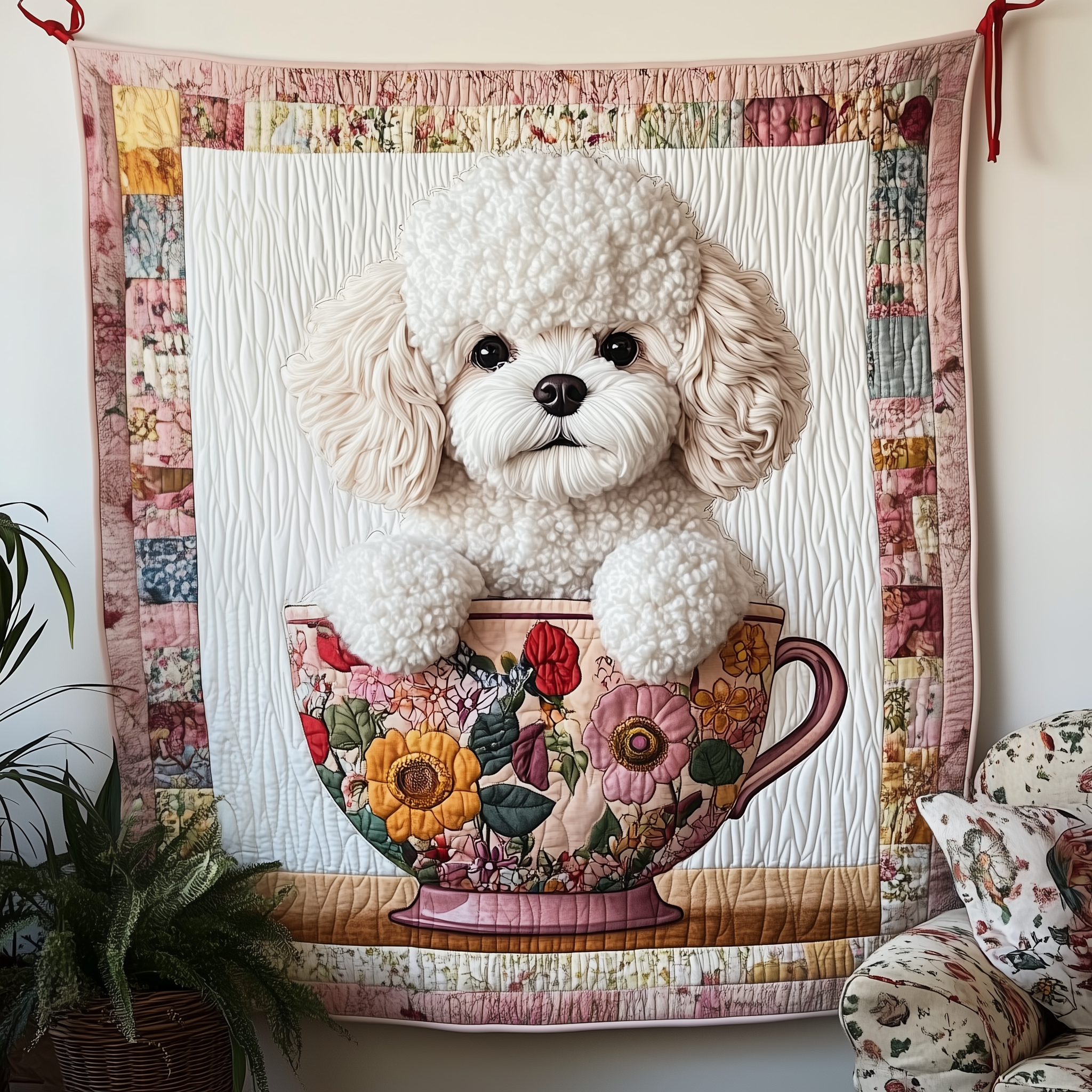 Bichon Frise Cute Puppy Happy Quilted Blanket Dog With Tea Cup Gifts For Bichon Frise Owners