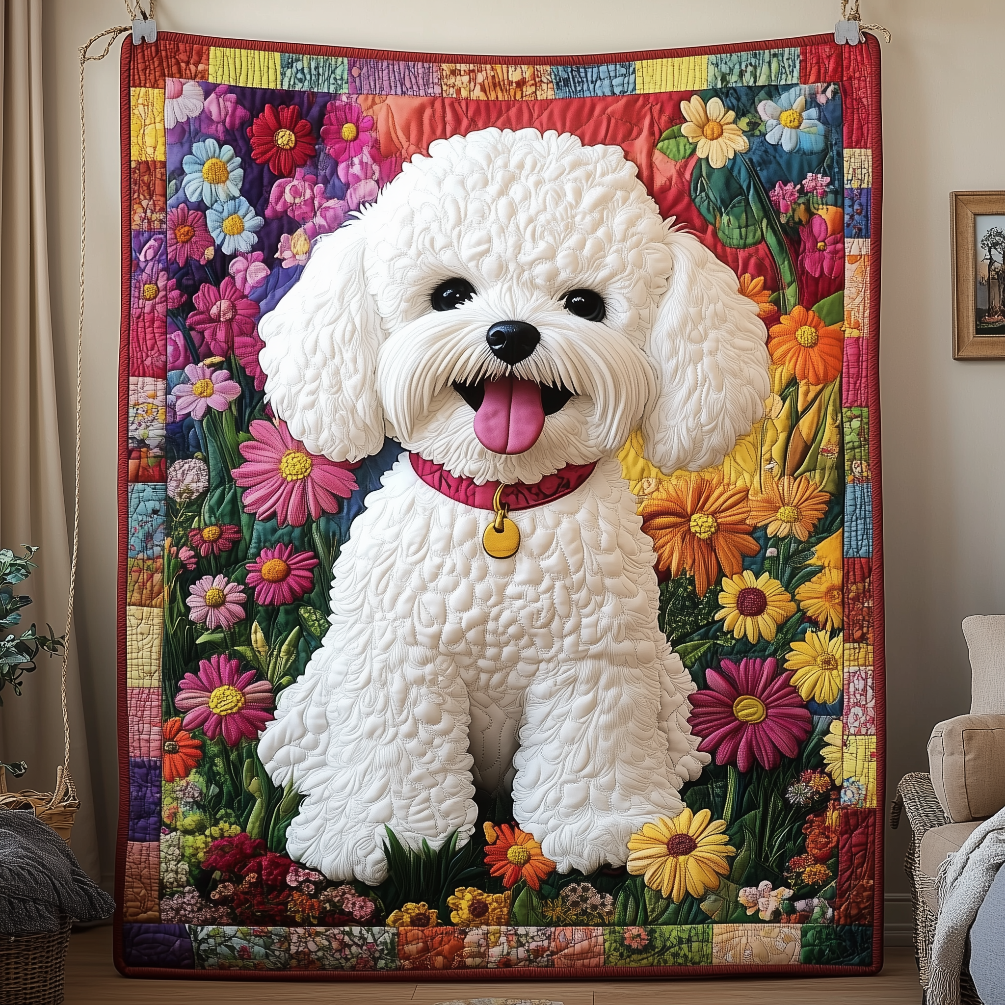 Bichon Frise Cute Puppy Playful Quilted Blanket Adorable Puppy Gifts For Bichon Frise Owners